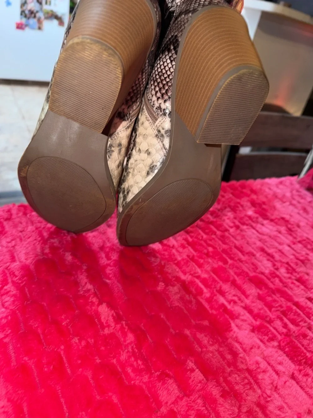 Vince Camuto Snake-Print Ankle Boots in Taupe and Black